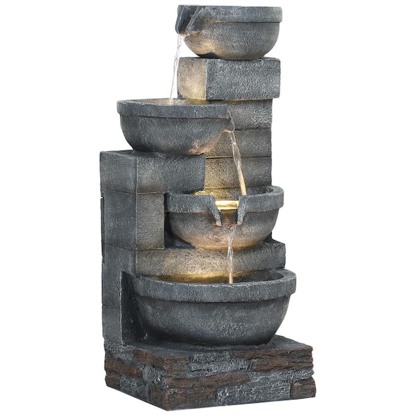 30" Tall Outdoor Water Fountain with LED Lights, 4-Tier Resin Cascading Bowls Outdoor Fountain Waterfall Fountain