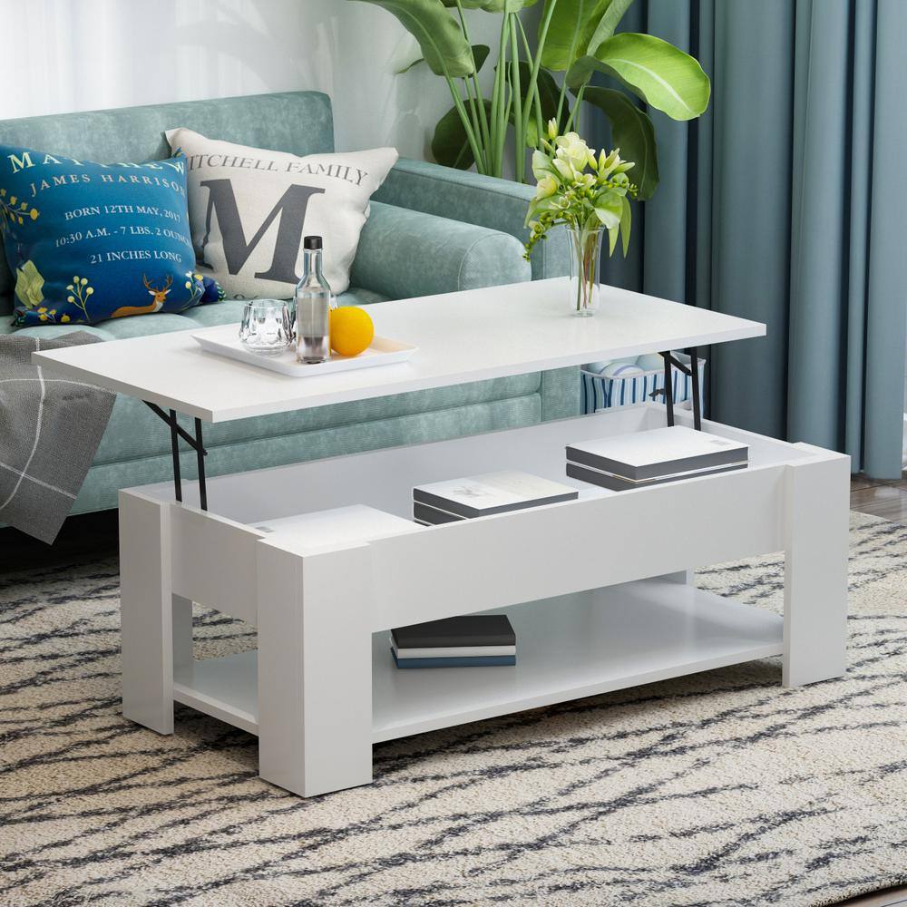 FUFU&GAGA 41.3 in. White Rectangle MDF Wood Lift Top Coffee Table with