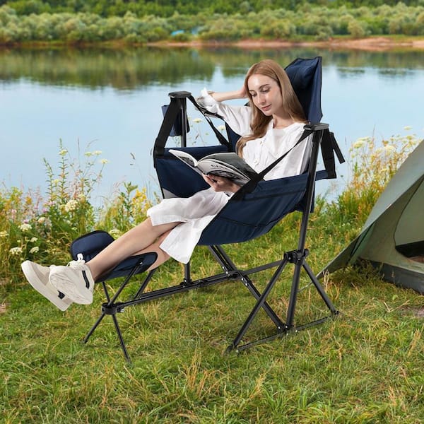 Navy Camping Chair with Removable Footrest Folding Lounge Chair with  Adjustable Backrest Pillow Cup Holder