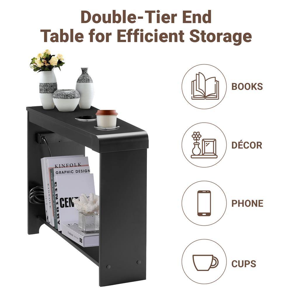 Black Wood 2-Drawer Nightstand with Charging Station