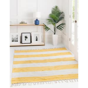 Chindi Rag Striped Yellow and Ivory 7 ft. 10 in. x 7 ft. 10 in. Area Rug