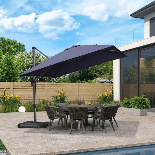 PURPLE LEAF 10 ft. Square Aluminum Outdoor Patio Cantilever Umbrella Offset 360° Rotation Umbrella with Base, Navy Blue