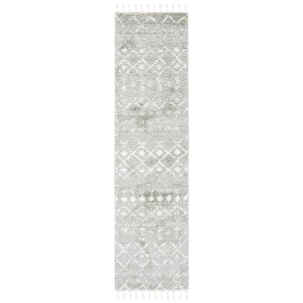 Berber Fringe Shag 2 ft. x 10 ft. Sage/Ivory Diamond Striped Ikat Runner Rug