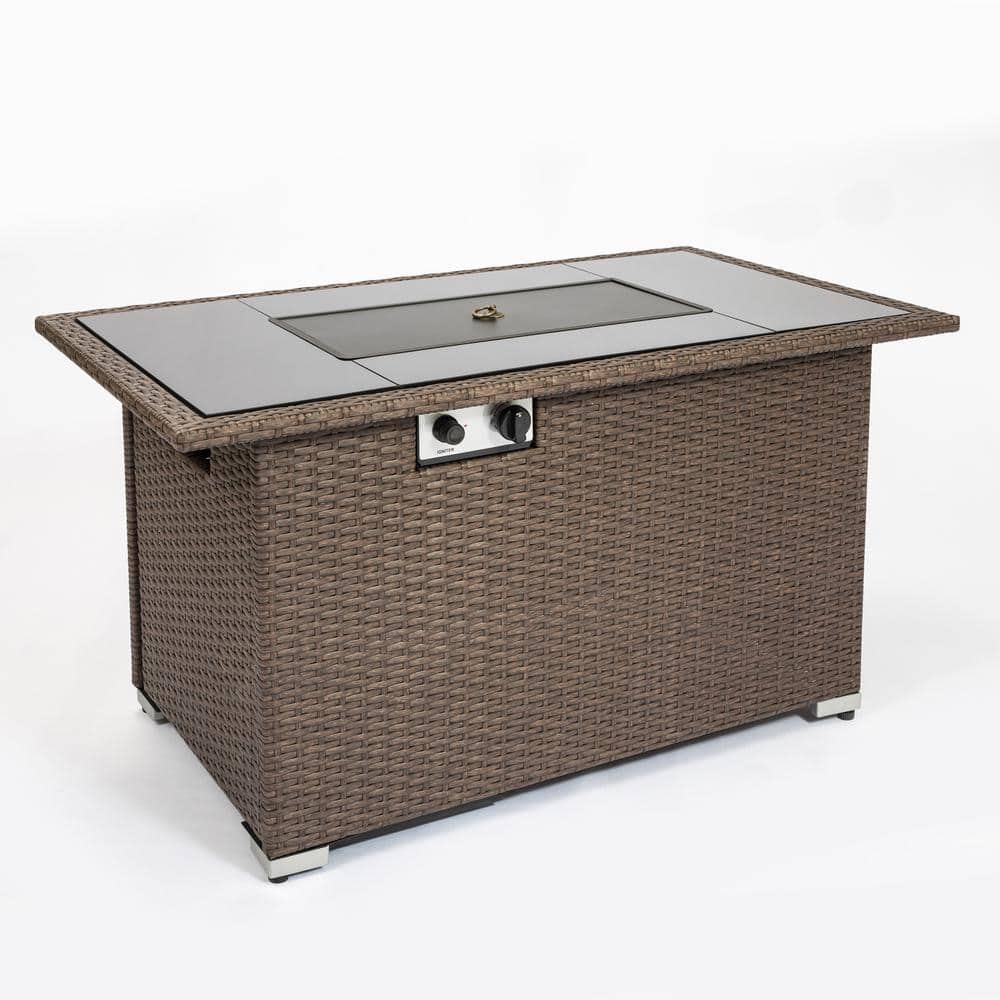 50,000 BTU Brown Rectangle Wicker Outdoor Propane Fire Pit Table with Wind 