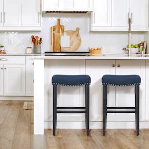 Jameson 29 in. Bar Height Black Wood Backless Barstool with Upholstered Navy Blue Linen Saddle Seat Stool (Set of 2)