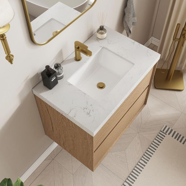 Aeroline 30 in. W x 19.29 in. D x 25.59 in. H Single Sink Float Natural Oak Bath Vanity w/Sar White Engineered Stone Top