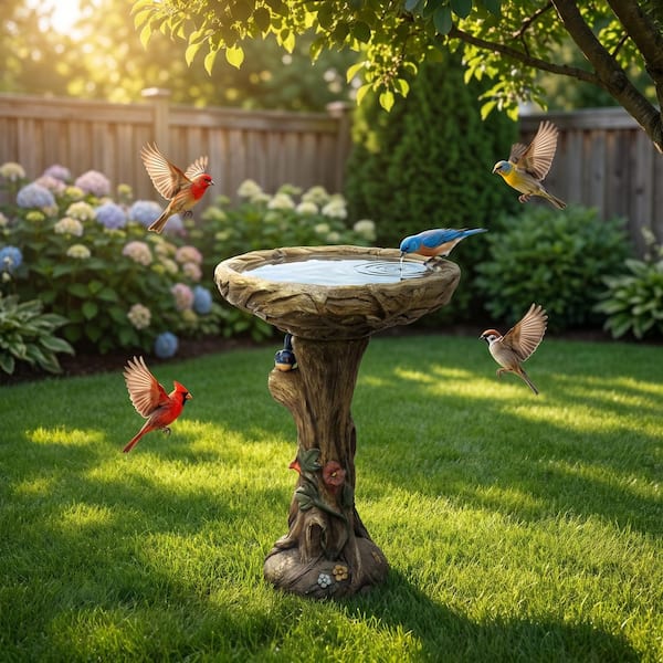 25.5 in. Cement Outdoor Garden Bird Bath with Birds, Woodland Tree Trunk Yard Statue for Garden, Patio, Lawn, Backyard