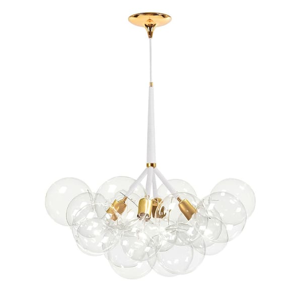 Alma 4-Light 22.8 in.W Gold Bubble Chandelier with White Leather, 12 Clear Light Glass Globes and LED Bulbs Included