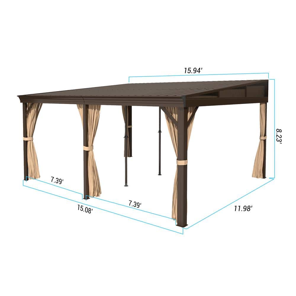 Mondawe 12' x 16' Brown Aluminum Hardtop Gazebo with Curtains