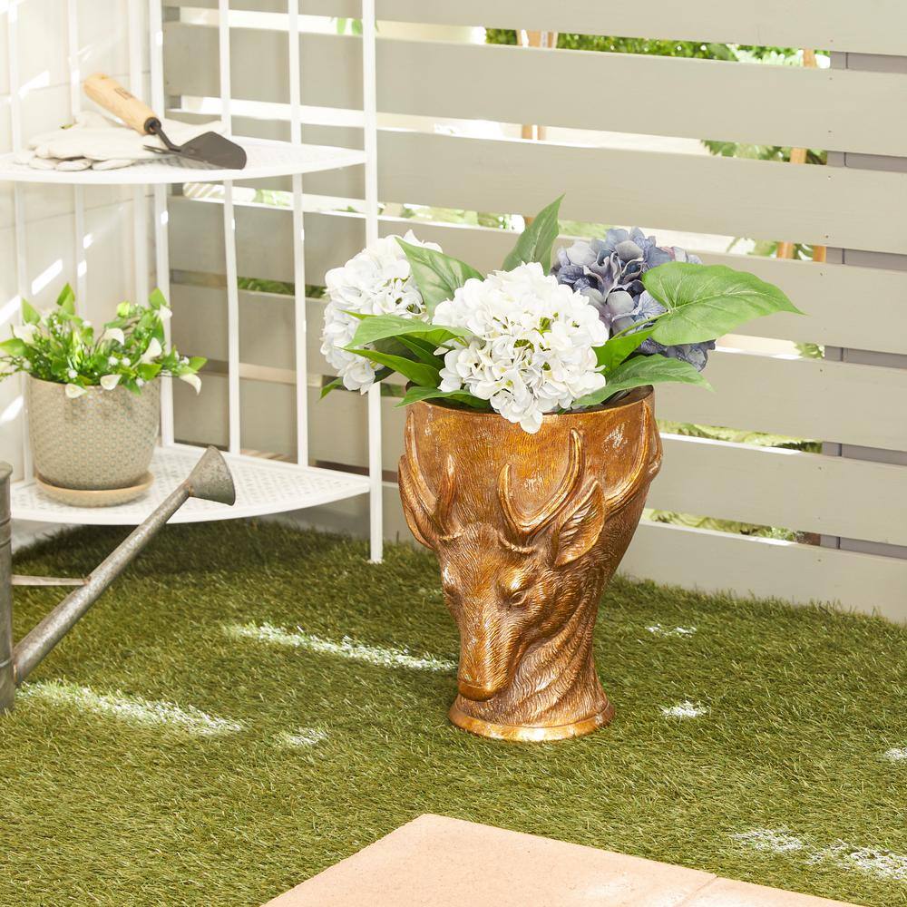 14 in. Bronze Polystone Deer-Inspired Indoor Planter