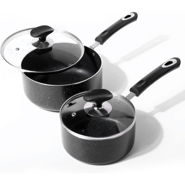 Aluminum Alloy Nonstick Saucepan Set 1.5 qt. and 2.5 Qt with Glass Lid Black for Kitchen Cooking 2-Pack