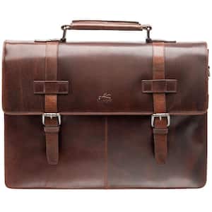 Buffalo Collection Brown Leather Double Compartment Briefcase for 15.6 in. Laptop and Tablet