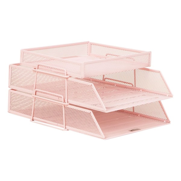 2 Tier Paper Tray with Top Supply Compartment, Desktop File Organizer, Metal Mesh, Pink