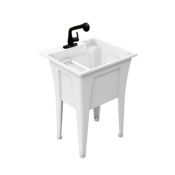 RUGGED TUB 24 in. x 22in.  White Freestanding Utility/Laundry Sink with 1-Handle Black Pullout Faucet and Installation Kit