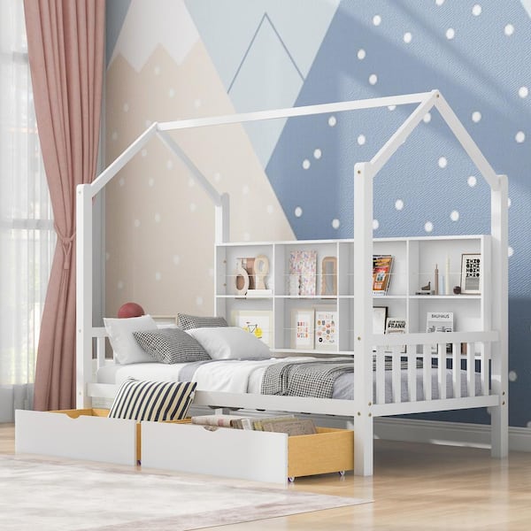 Harper & Bright Designs White Twin Size Wooden House Bed with 2 Drawers and Storage Shelf