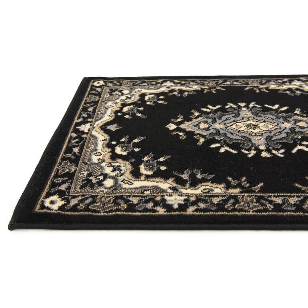 Black and Beige Rectangular Medallion Synthetic Rug