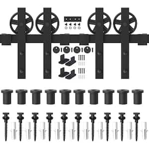 12 ft. /144 in. Frosted Black Sliding Barn Door Track and Hardware Kit for Double Doors with Non-Routed Floor Guide