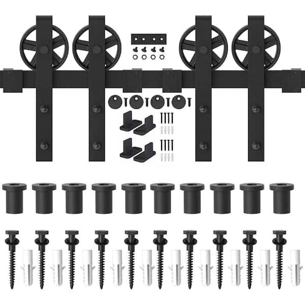 13 ft./156 in. Frosted Black Sliding Barn Door Track and Hardware Kit for Double Doors with Non-Routed Floor Guide