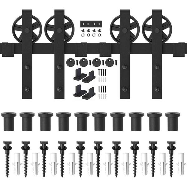WINSOON 14 ft. /168 in. Frosted Black Sliding Barn Door Track and Hardware Kit for Double Doors with Non-Routed Floor Guide