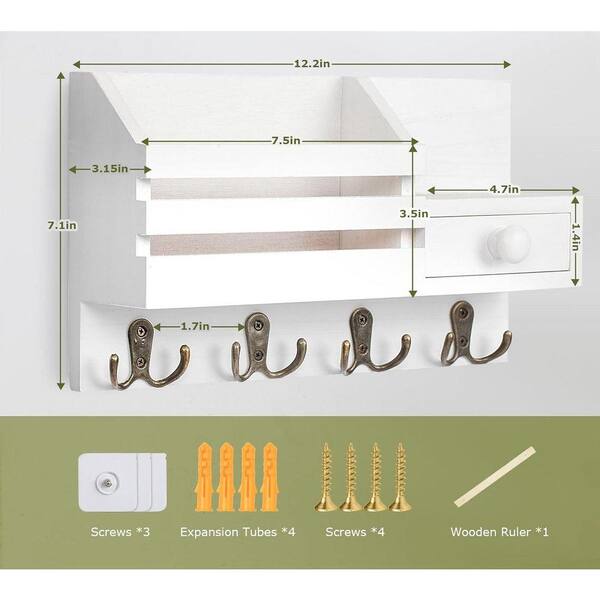 12.2 in. W x 3.2 in. D White Wooden Wall Mount Key & Mail