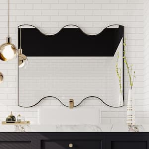 30 in. W x 35 in. H Rectangular Framed Wall Bathroom Vanity Mirror with Two Wavy Sides in Black