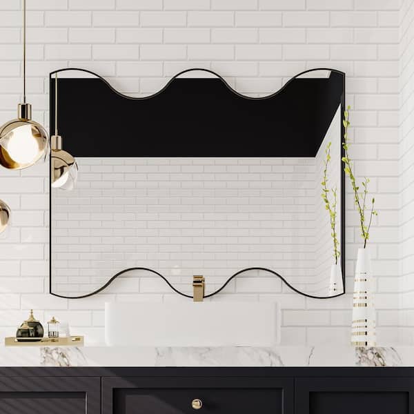 Cesicia 30 in. W x 35 in. H Rectangular Framed Wall Bathroom Vanity Mirror with Two Wavy Sides in Black