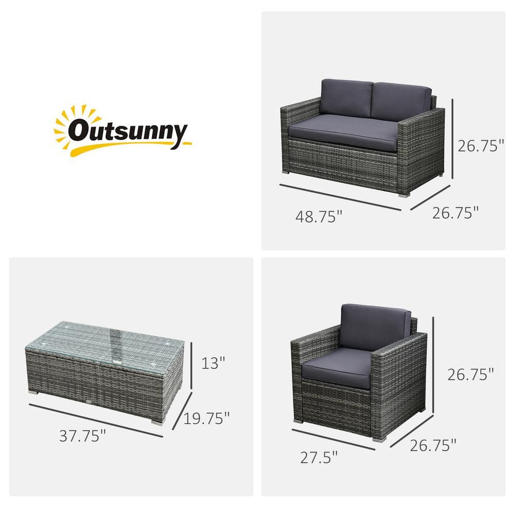 Gray 4-Piece Rattan Wicker Outdoor Furniture Set with Cushions