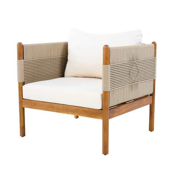 Teak Diamond Rope Weave Acacia Wood Outdoor Lounge Chair with Cream Cushions
