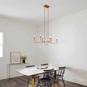 Alden 38.5 in. 6-Light Natural Brass Mid-Century Modern Candle Linear Chandelier for Dining Room