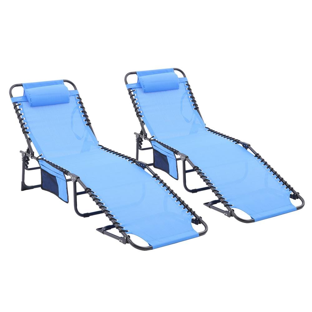2-Piece Metal Folding Waterproof Outdoor Chaise Lounge with Pillow and Side