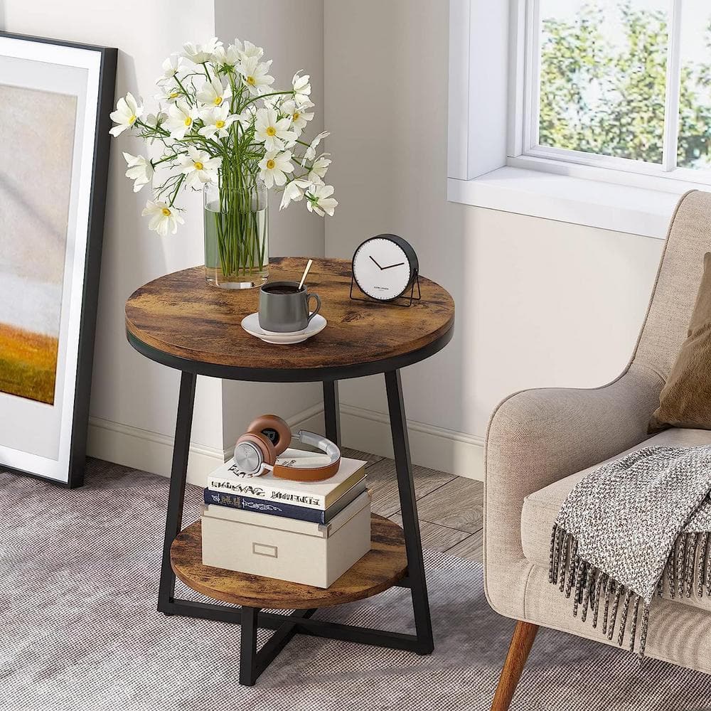 Kerlin 20 in. Rustic Brown Round Wood End Table with 2 Tier Storage Shelf Side Table, Nightstand Bedside Table