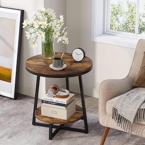 Kerlin 20 in. Rustic Brown Round Wood End Table with 2 Tier Storage Shelf Side Table, Nightstand Bedside Table