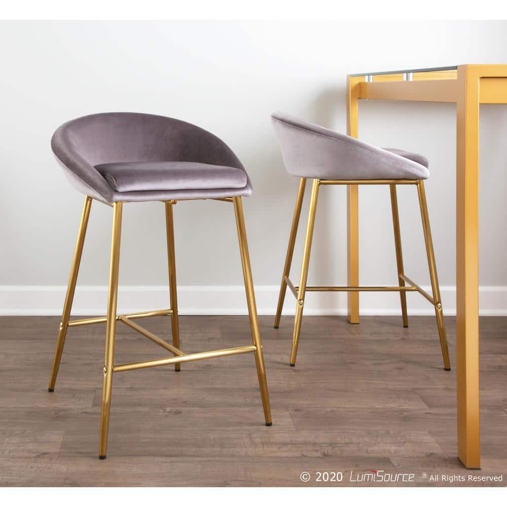 Set of 2 Glam Matisse 26" Silver Velvet Counter Stools with Gold Frame