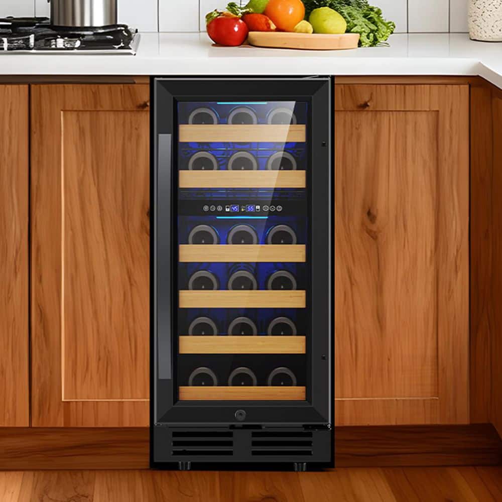 TITTLA 15 in Dual Zone 33-Bottle Built-in Wine Cooler in Black with Reversible Door and Childproof Lock Blue LEDs Lighting