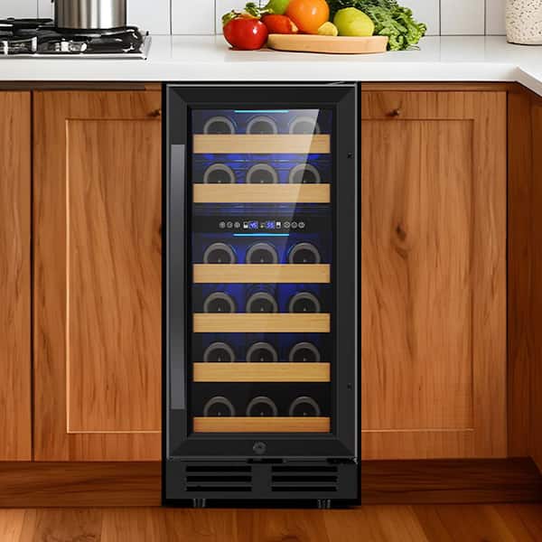 15 in Dual Zone 33-Bottle Built-in Wine Cooler in Black with Reversible Door and Childproof Lock Blue LEDs Lighting