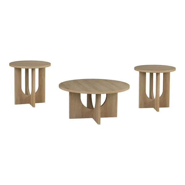 Calsen 3-Piece 36 in. Natural Round Wood Top Coffee Table Set with Cross-Arch Base