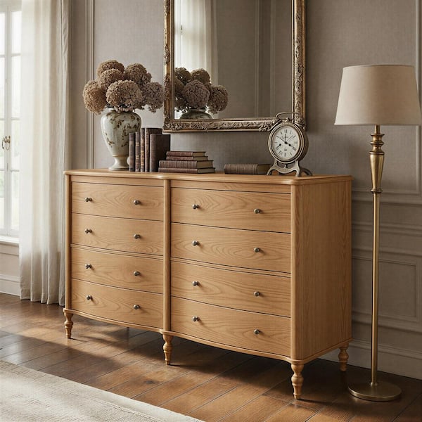 Yellow Elm 8-Drawer 63 in. Curved Front Chest of Drawers, Ample Storage, Antique Bronze Knobs, Dresser for Bedroom