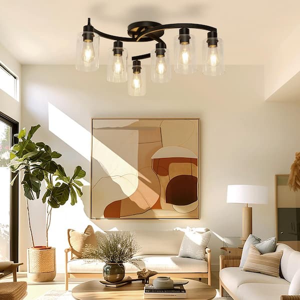 6-Light 20.5 in. Black Industrial Semi-Flush Mount Ceiling Light with Clear Glass Shades for Hallway or Entryway