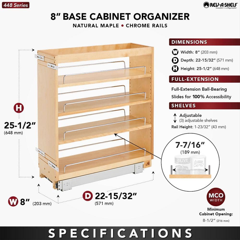 Natural Maple Pull-Out Kitchen Cabinet Organizer with Chrome Rails