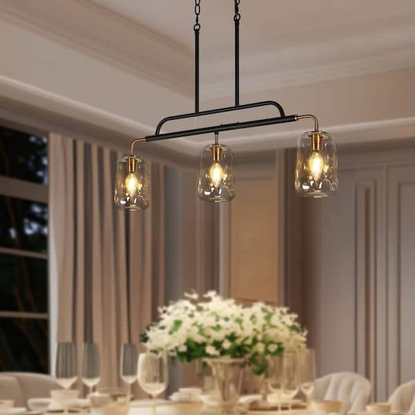 LNC Modern 3-Light Gunmetal Gray and Plating Brass Linear Island Chandelier for Kitchen with Textured Glass Mason Jar Shades