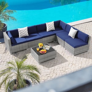 Luxurious Grey 7-Piece PE Wicker Outdoor Patio Conversation Chair Set and a Coffee Table Furniture, Navy Blue Cushion