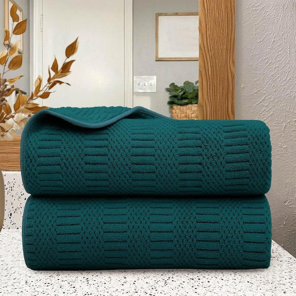 2 Pack Dark Teal Microfiber Jacquard Velvet Bath Towels 30 in. x 60 in.