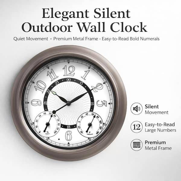 15 Inch Outdoor Wall Clock with Auto LED Light Sensor, Waterproof
