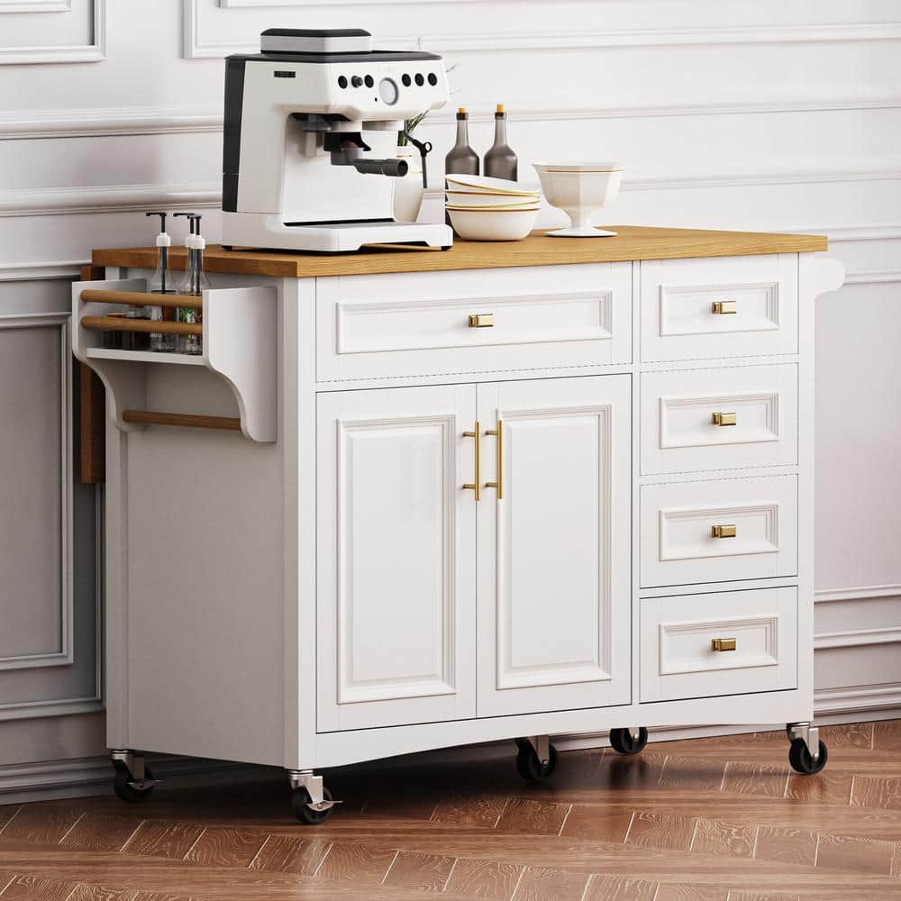 White Wood 52 in. Rolling Kitchen Island with Drop Leaf, Adjustable Shelf, 2 Doors and 5 Drawers price history on PriceWatchPro