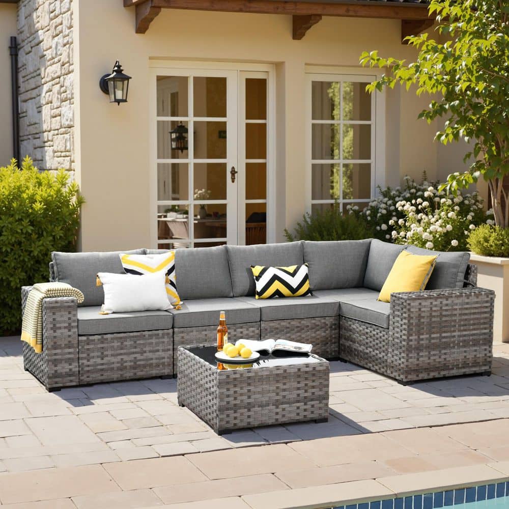 Zoila Gray 6-Piece Wicker 7.68 in. Wide Arm Outdoor Patio Sectional Set with Dark Gray Cushions price history on PriceWatchPro