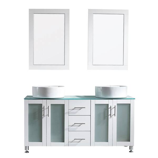 ROSWELL Tuscany 60 in. Bath Vanity in White with Tempered Glass Vanity Top in Green with White Vessel Sinks and Mirror