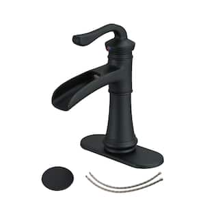 Waterfall Single Hole Single-Handle Low-Arc Bathroom Faucet With Pop-up Drain Assembly in Matte Black