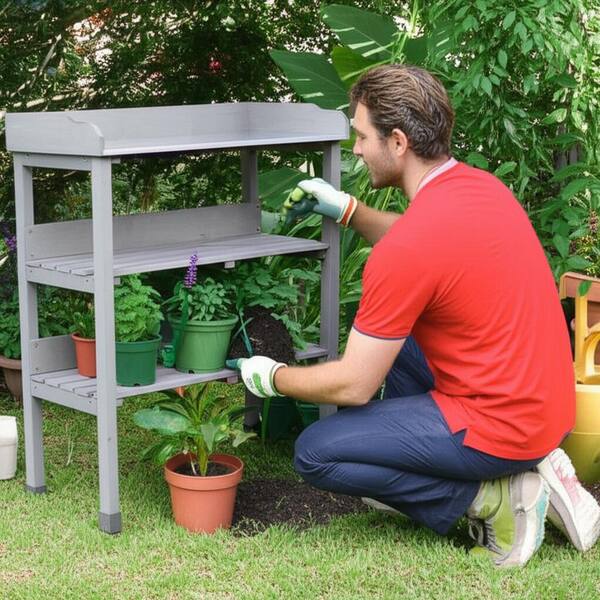 3-Tier Grey Wood Plant Stand Potting Table w/Metal Tabletop
