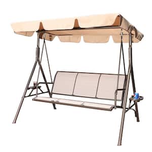 3-Person Metal Taupe Textilene Patio Swing Chair with 2 Utility Trays