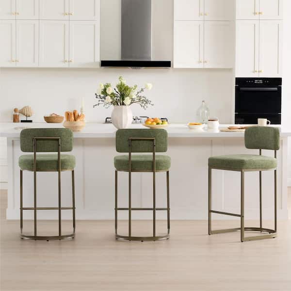 Esme Moss Green Fabric Counter Height Bar Stool with Metal Frame and Footrest for Diningroom (Set of 3)